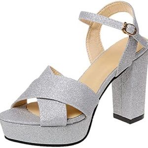 Silver Thick Heels With Glitter